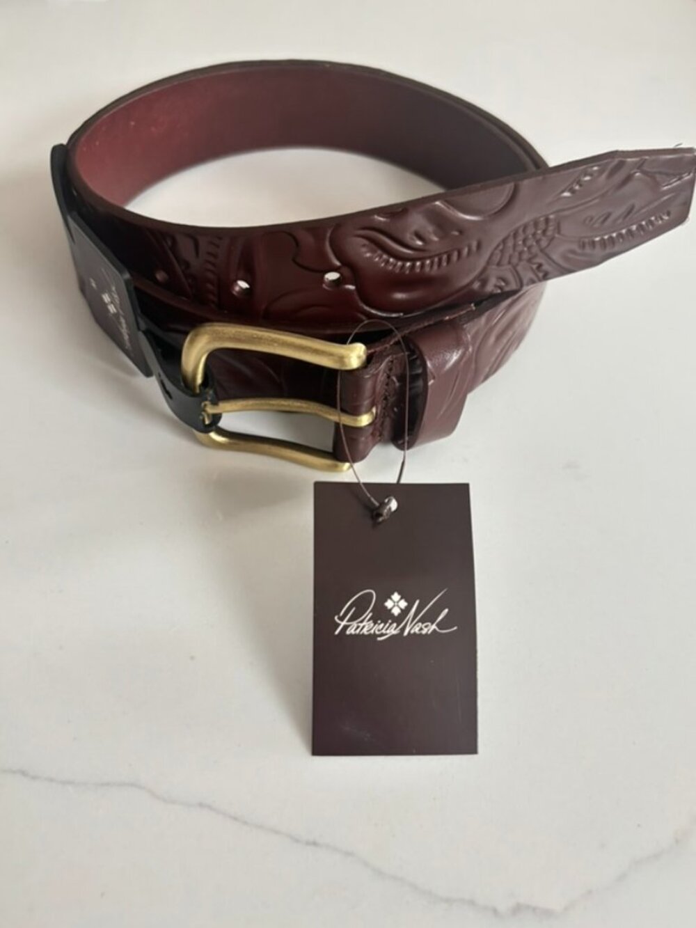 Patricia Nash Tooled Leather Pelosa Belt Women's M British Tan Antique Brass NEW